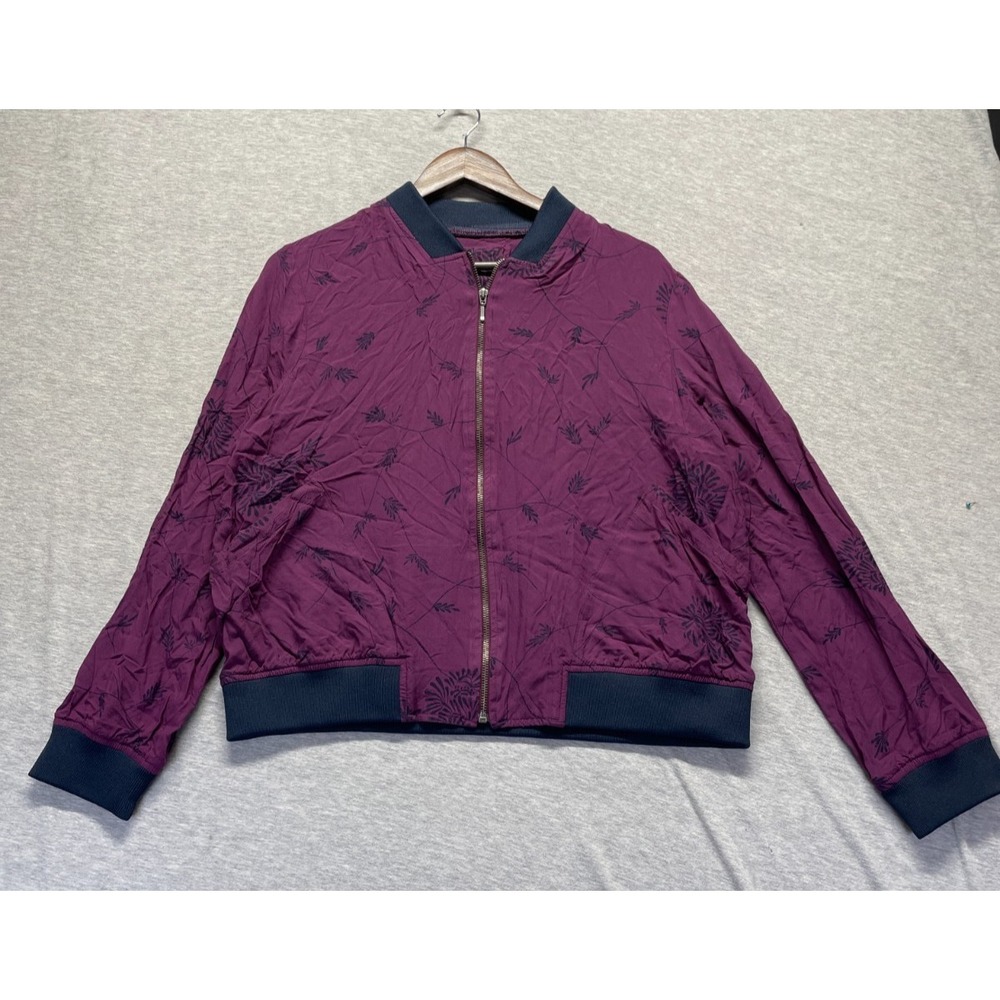 Womens Bomber Jacket Large Purple Blue Floral Print Rayon Ribbed Trim Full Zip